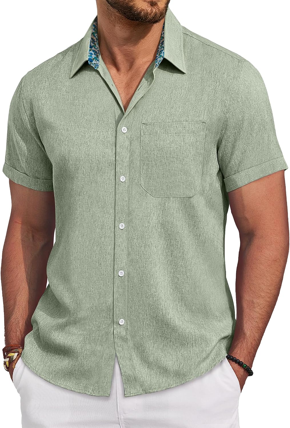 Mens Linen Shirt Short Sleeve Button Down Shirt Casual Beach Wedding Shirts Green