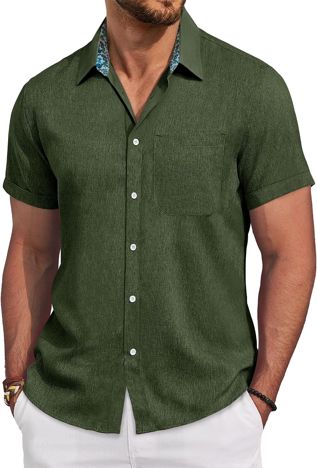 Mens Linen Shirt Short Sleeve Button Down Shirt Casual Beach Wedding Shirts Olive Green