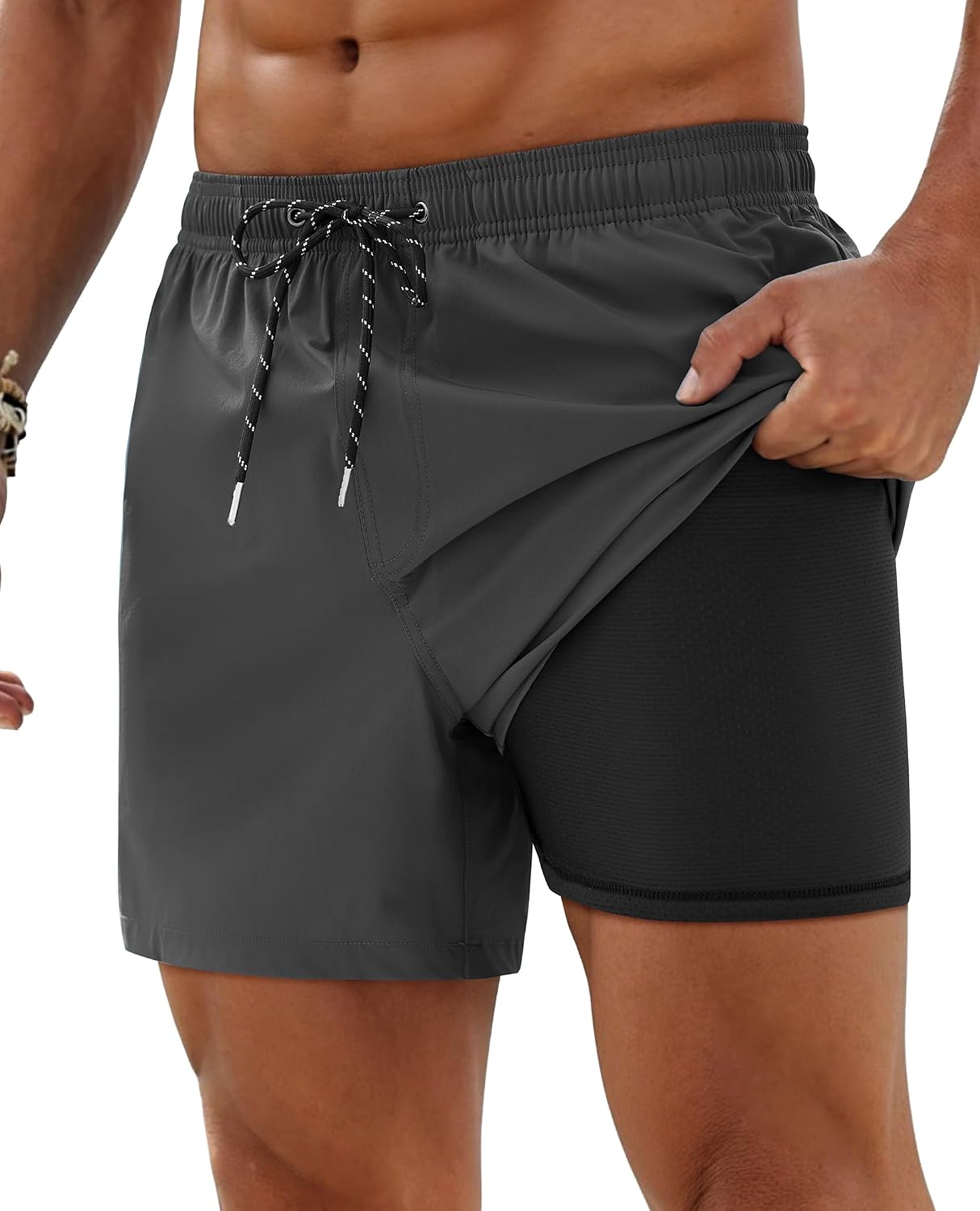 Mens Quick Dry 5 Inch Swim Trunks with Zipper Pockets Stretch Swimsuit Dark Grey
