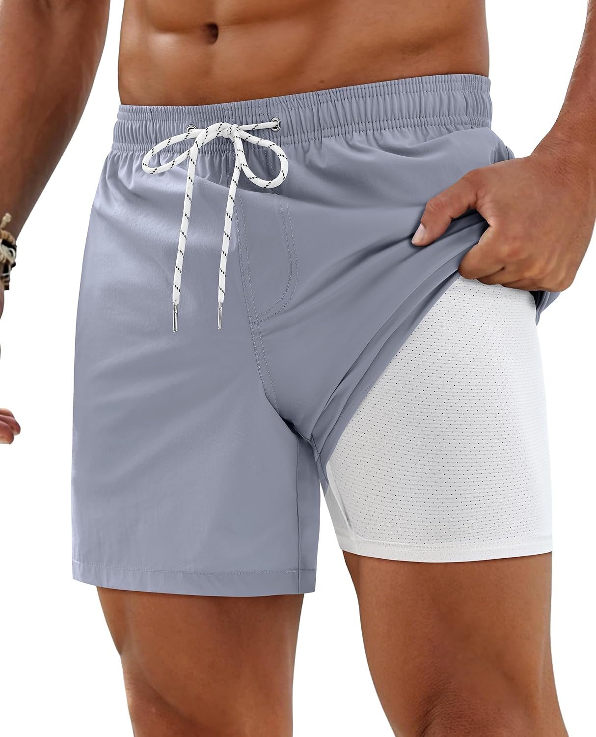 Mens Quick Dry 5 Inch Swim Trunks with Zipper Pockets Stretch Swimsuit Light Blue