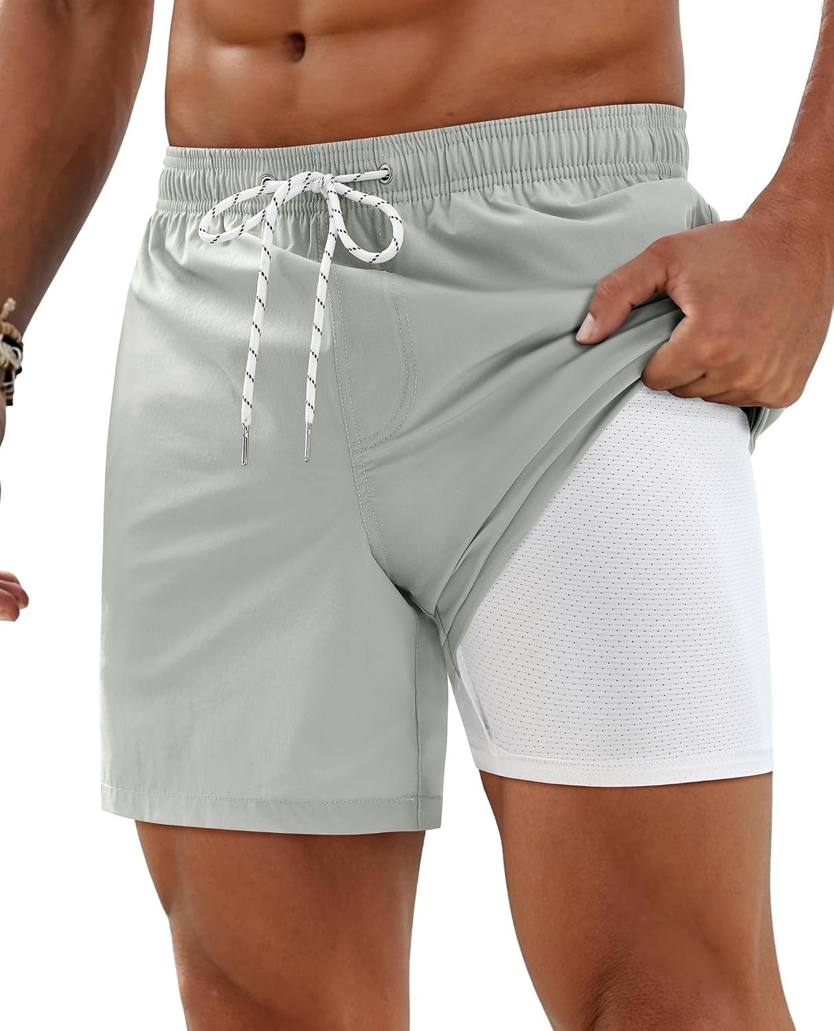 Mens Quick Dry 5 Inch Swim Trunks with Zipper Pockets Stretch Swimsuit Light Grey