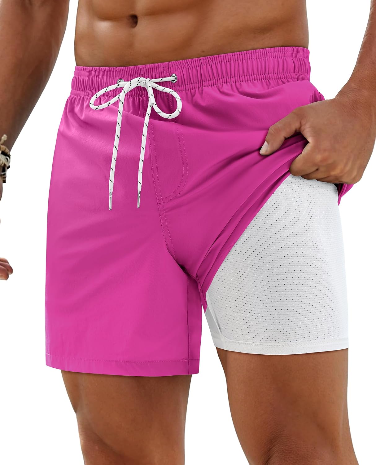 Mens Quick Dry 5 Inch Swim Trunks with Zipper Pockets Stretch Swimsuit Hot Pink