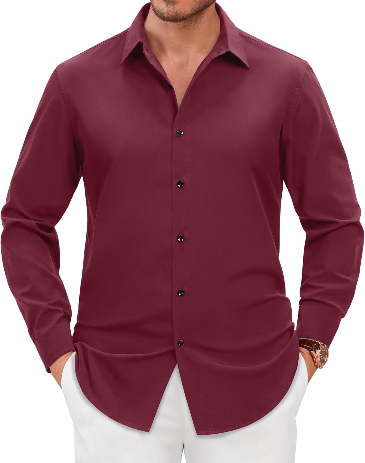 Men's Dress Shirts Long Sleeve Wrinkle Free Business Button Up Shirts Burgundy